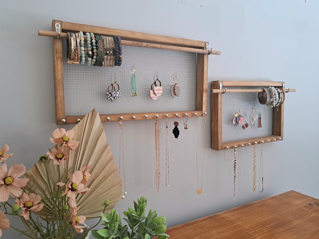 Simple Jewelry Organizer Wall Hanging, Rustic Wood Earring Bracelet and Necklace Holder